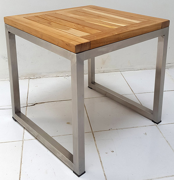 square garden teak table with stainless steel legs