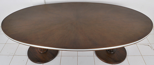 restaurant oval table with 2 wooden legs and veneer top