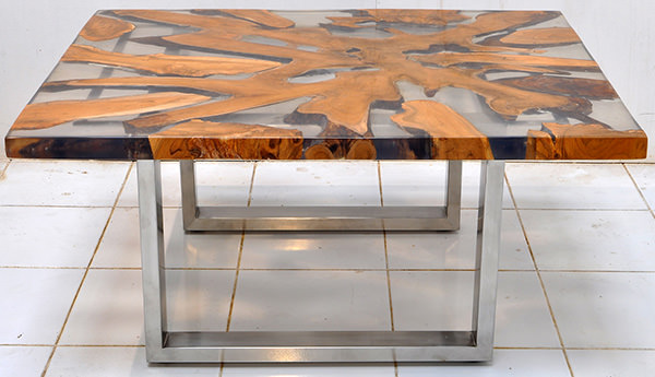 solid teak root and resin coffee table with square stainless steel legs