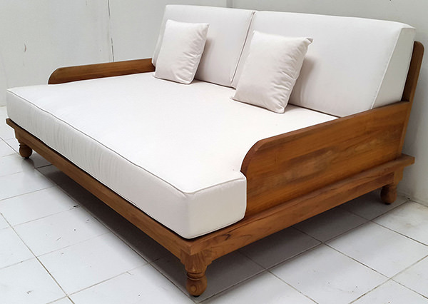 grade A teak garden daybed with natural finish with white mattress