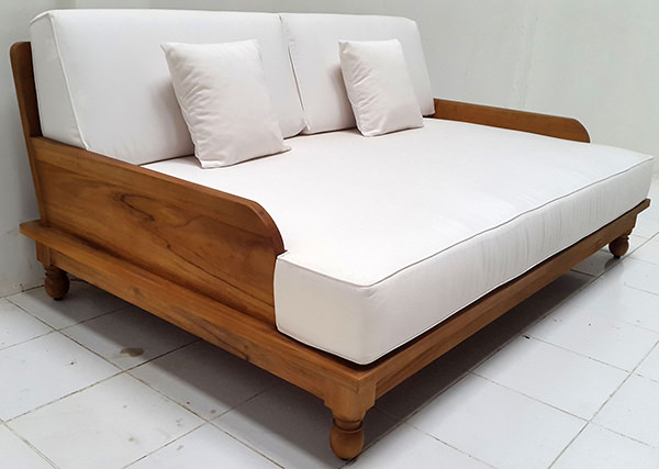 grade A teak garden daybed with natural finish with weatherproof white mattress