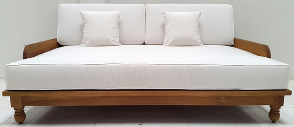 grade A teak garden daybed with natural finish with weatherproof white garden mattress