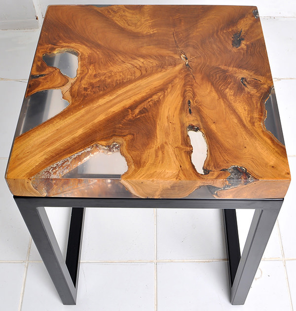 square teak root and resin side table