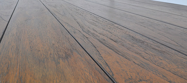 long plank dining table with teak grain