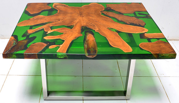 solid teak root and resin coffee table with square glossy stainless steel legs