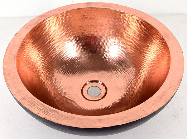 black and pink hand hammered copper round sink