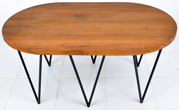 oval teak table with triangle iron legs