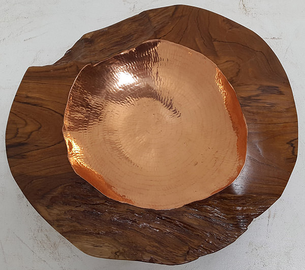 teak and copper fruit plate