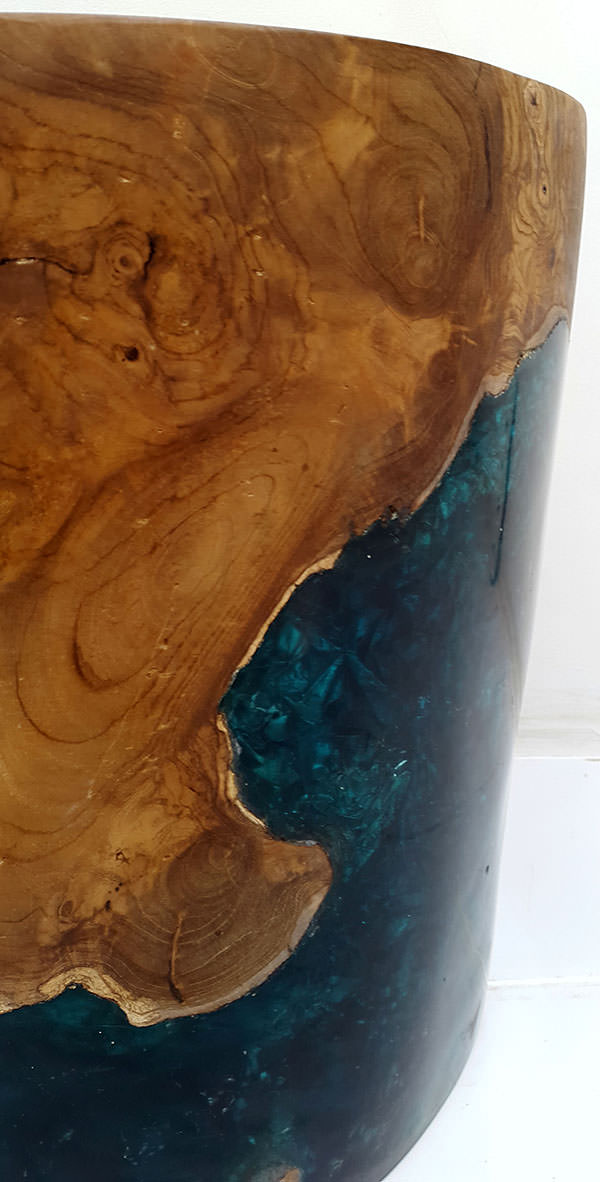 solid teak and blue resin