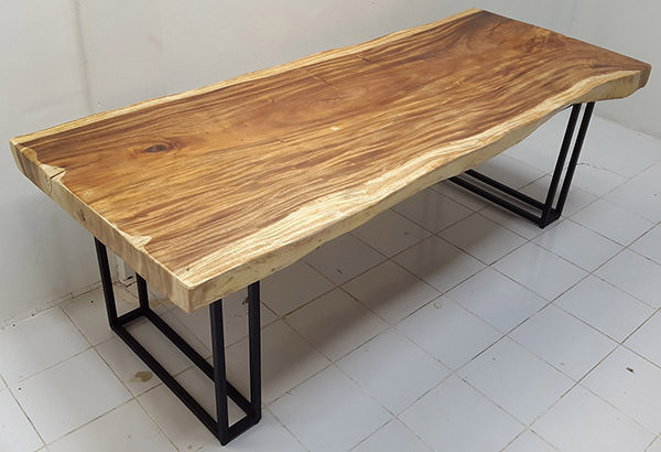 solid natural rain tree table with black powder coated iron legs