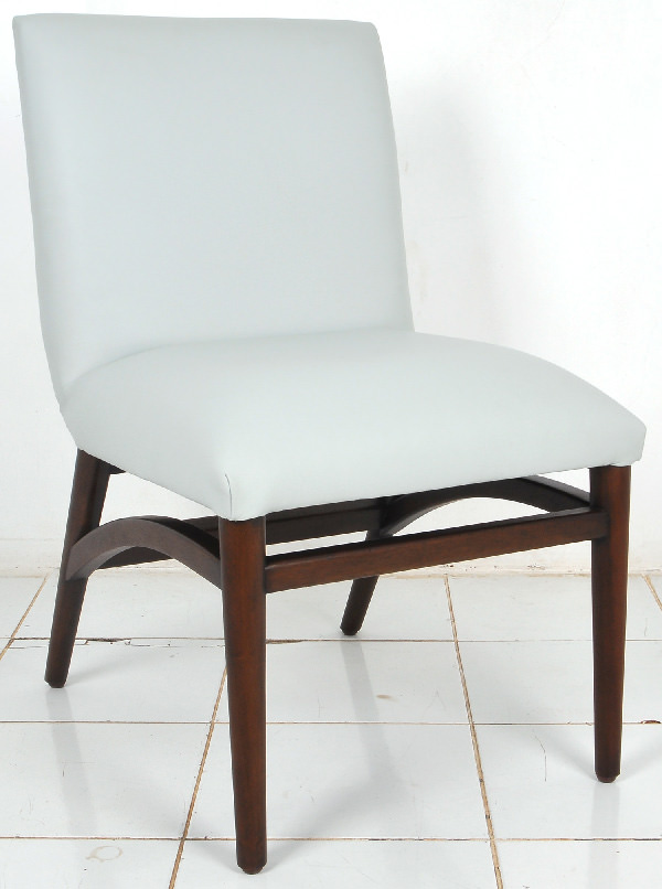 Scandinavian greek restaurant dining chair with teak and blue leather