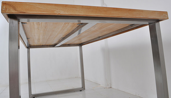 teak table top and stainless steel legs