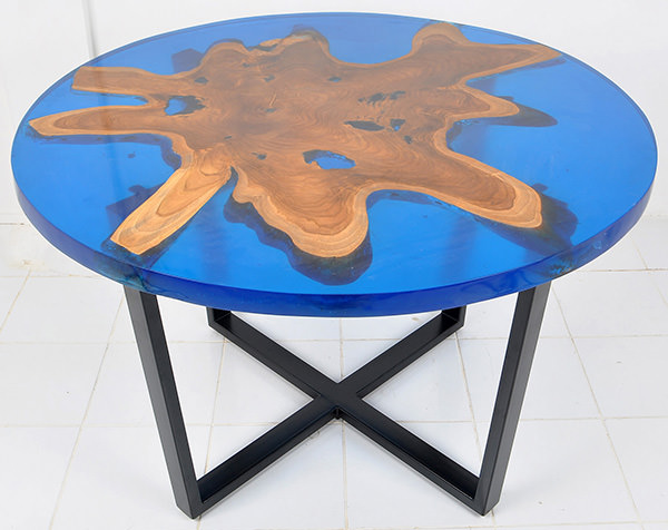 natural teak and blue resin round table with black iron legs