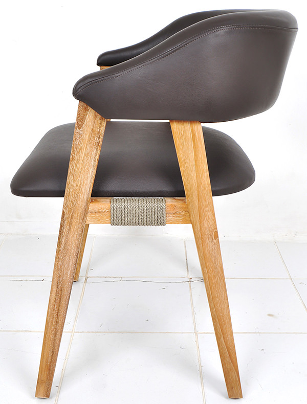 Scandinavian brown leather and natural smooth white washed teak dining chair