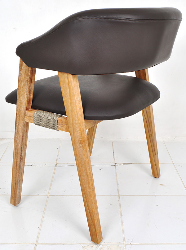 Scandinavian brown leather and natural smooth white washed teak dining chair with rope fitting