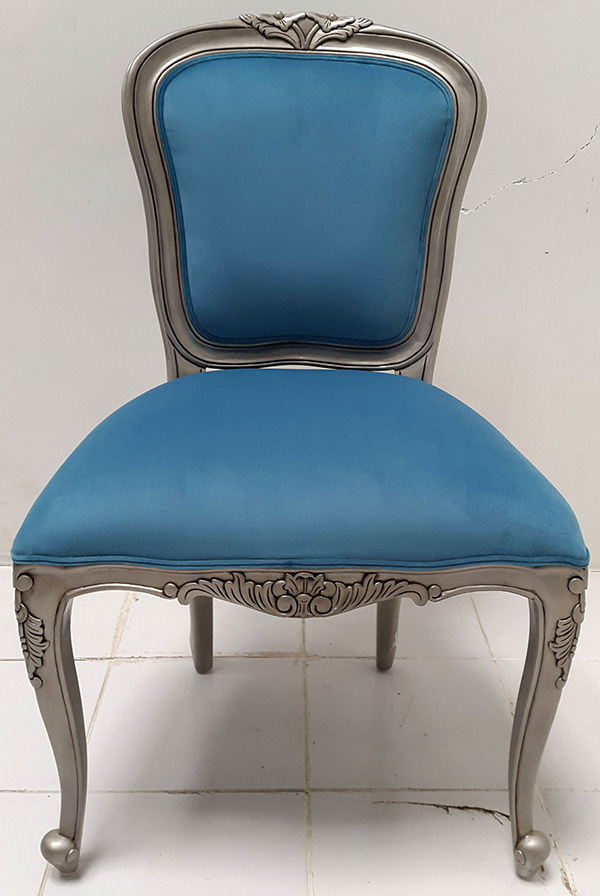 italian carved dining chair with blue upholstery