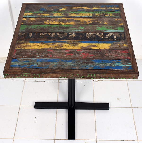 recycled painted boat wood teak and black iron industrial dining table with distressed look