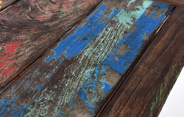 iron and reclaimed teak wood outdoor square dining table with open grains