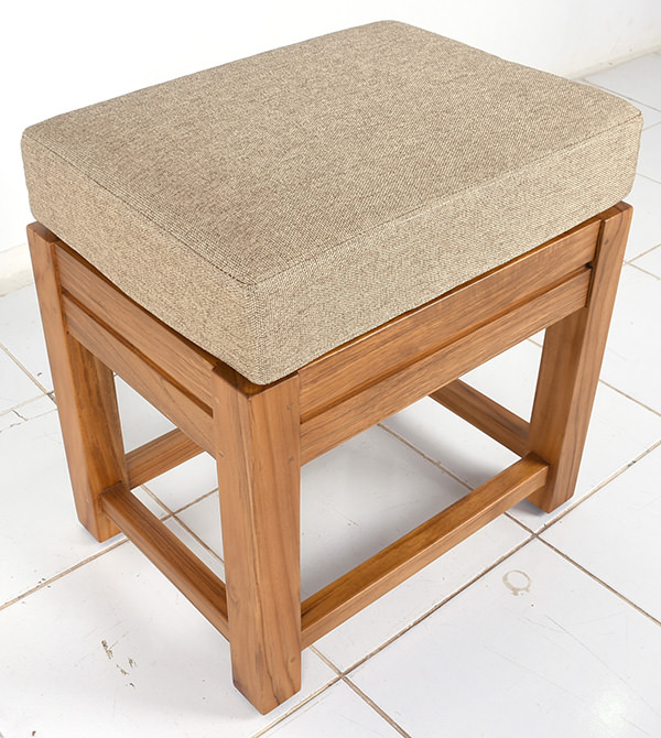 solid teak stool with indoor foam and linen fabric