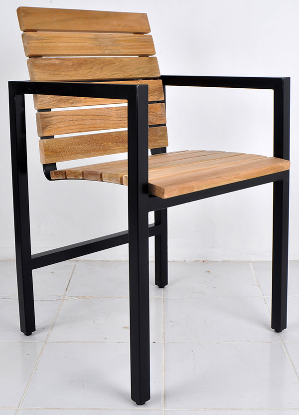 square black iron and natural teak chair