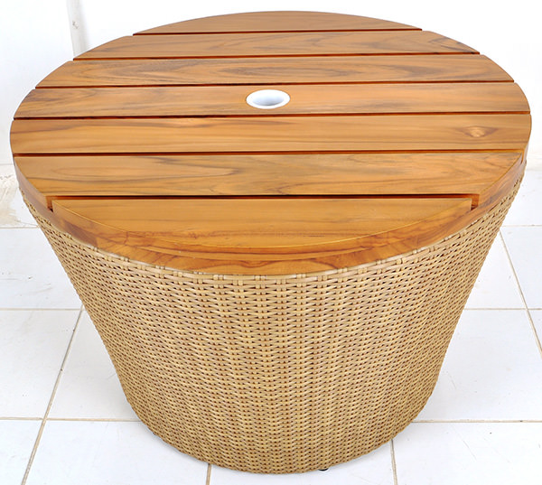 round synthetic rattan umbrella base with a teak wooden top