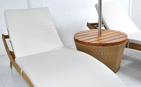 synthetic rattan umbrella base with a teak wooden top