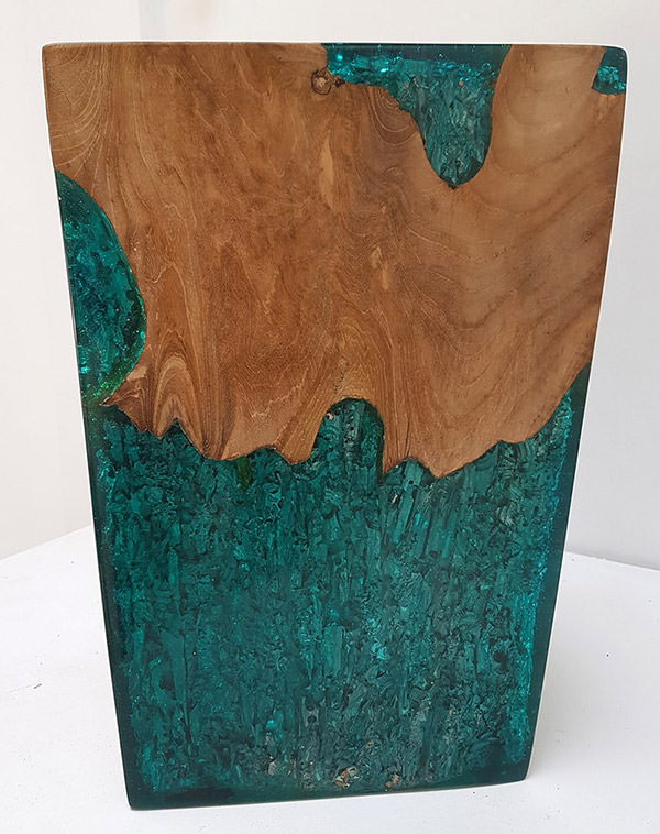 solid teak and resin stool with drift wood inserts