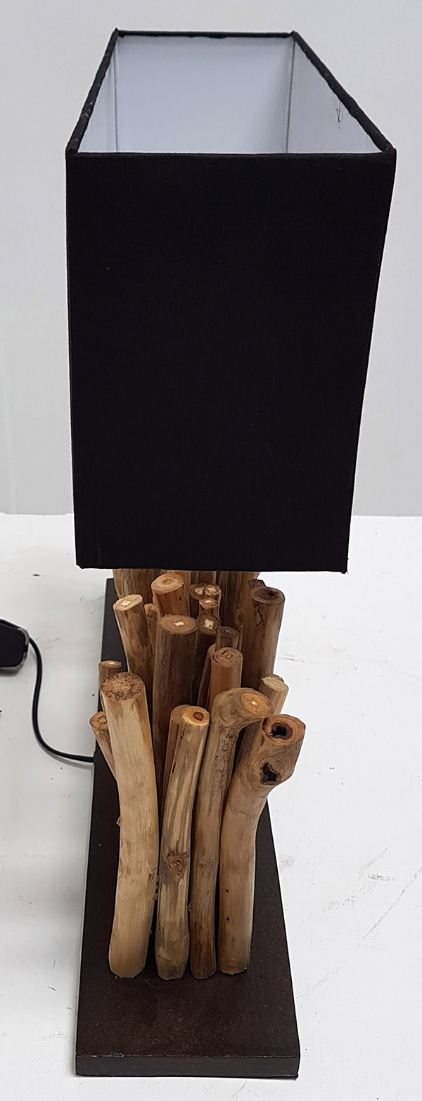 floating wood lighting with black shade and rectangle base