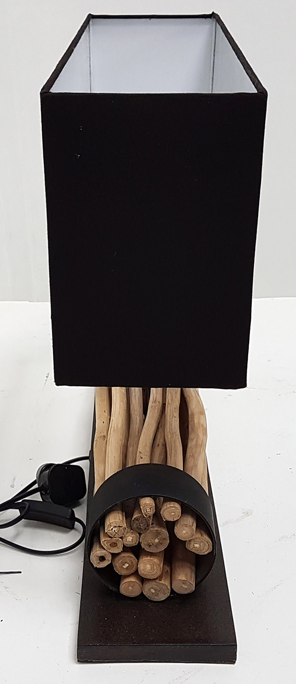 black metal and wood night lamp