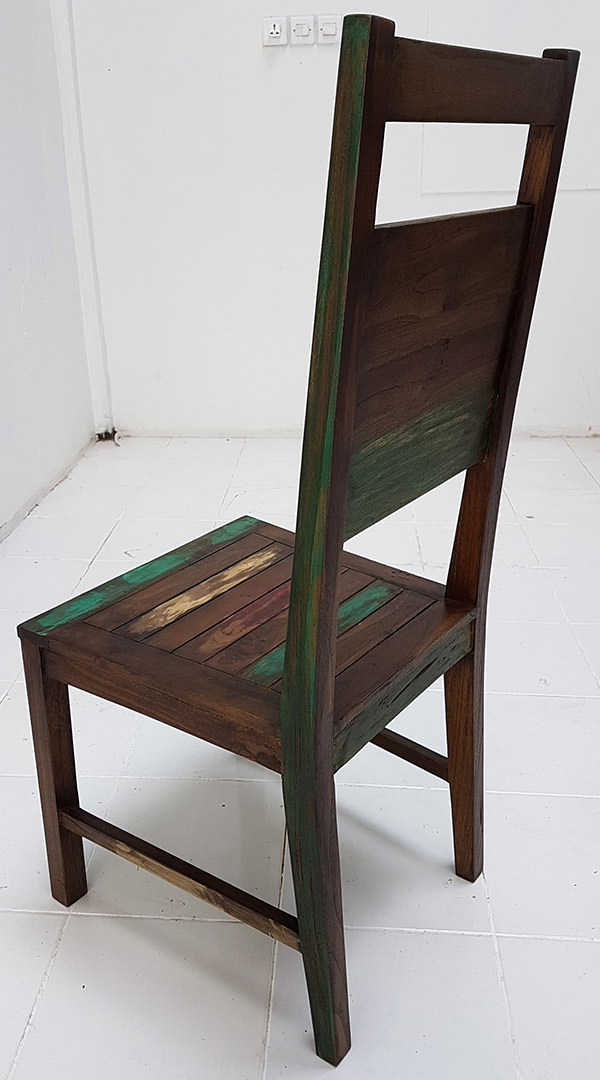 back view of a teak chair with a boat wood finish