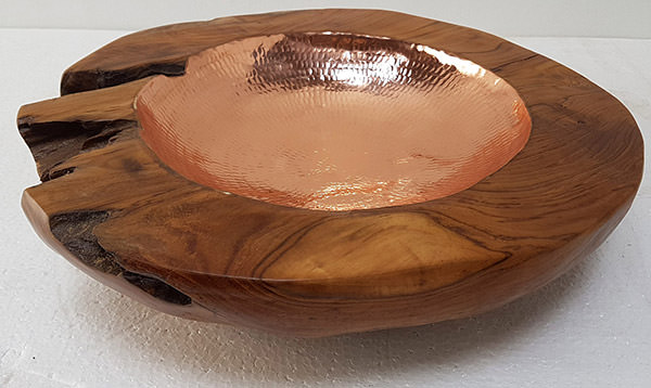 teak plate with copper insert hammered by hand