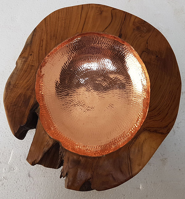 teak plate with red copper insert