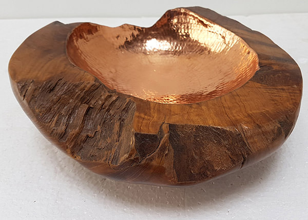 teak bowl with shinny copper insert
