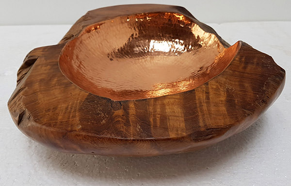 teak bowl with copper insert hammered by hand