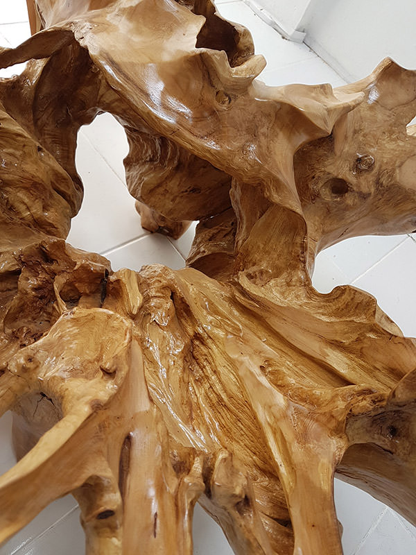 detail of a natural teak root coffee table