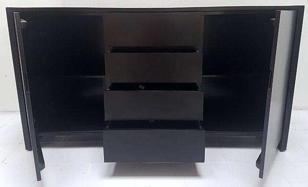 dark brown teak tv cabinet with five drawers