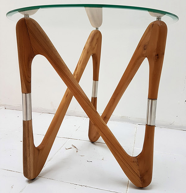 scandinavian design coffee table legs with round glass table top and teak finish