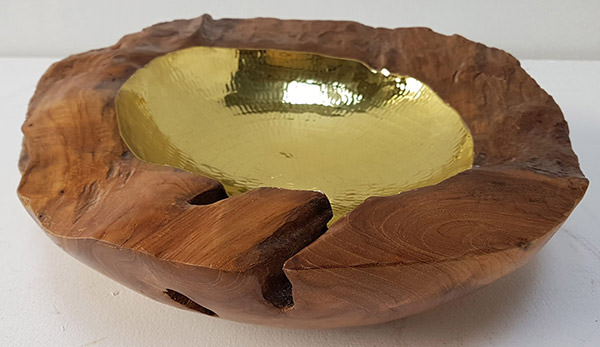 teak root fruit bowl with brass insert