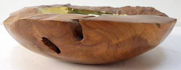 teak root fruit bowl with brass insert and natural edges