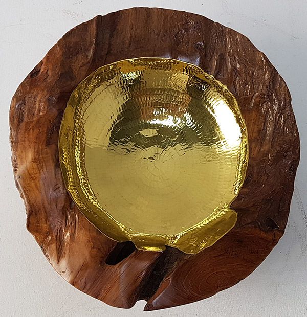 teak root fruit bowl with golden brass insert