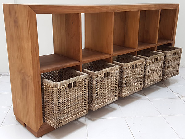 teak shelves with rattan boxes