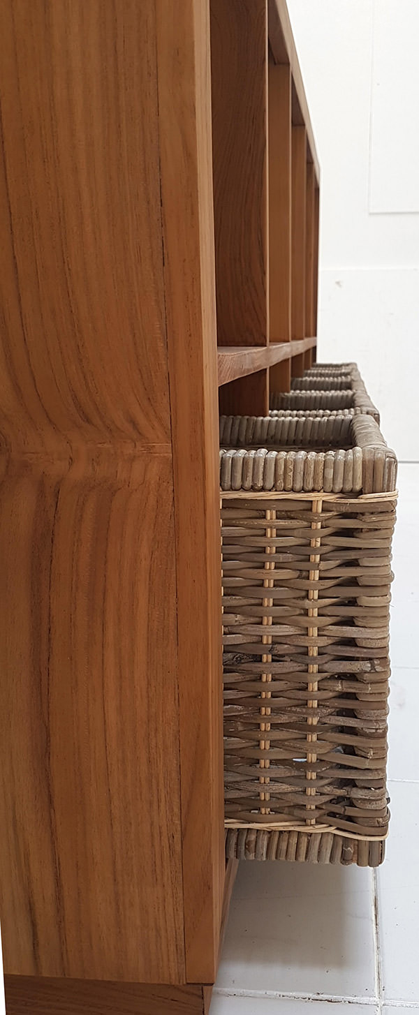 teak shelves with rattan boxes and natural finish