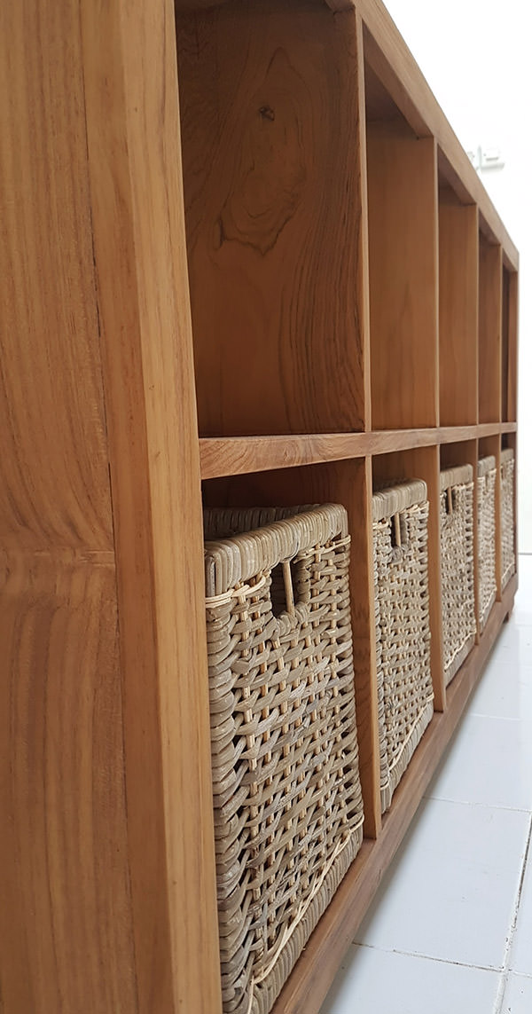 grade A teak shelves with rattan boxes