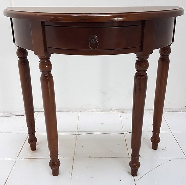 dark brown half round teak console