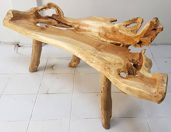 teak wood root bench with organic shape