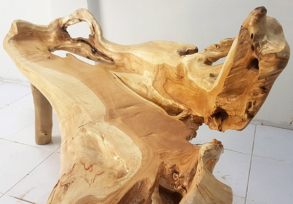 teak wood root bench with unprocessed shape