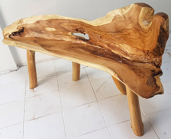 solid teak wood root bench with clear coating finish