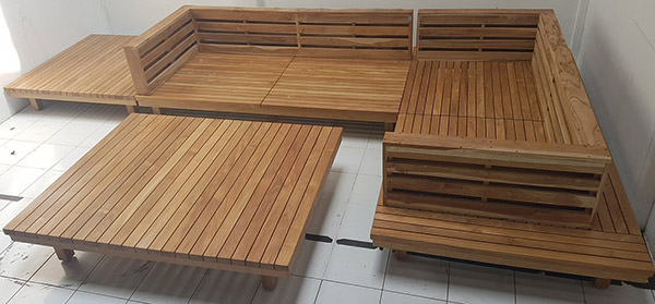 teak garden L-shaped sofa with square teak coffee table