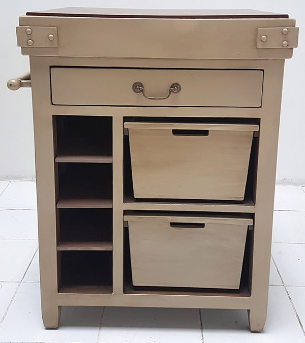 mahogany buffet with white distressed finishing with one drawer and two baskets