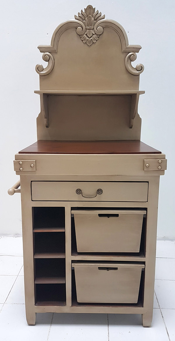 vintage kitchen furniture with cream finishing and mahogany brown top